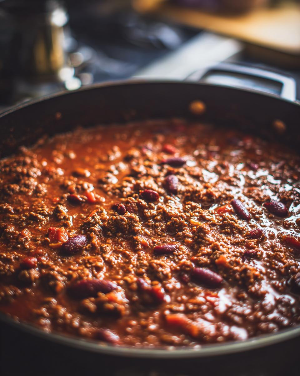 Close-up of a rich and hearty beef chili with kidney beans simmering in a large pan.