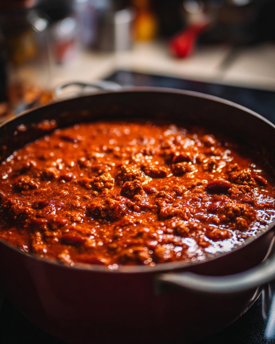 Close-up of a large pot filled with simmering, rich Beef Chili, showing ground beef and red sauce.
