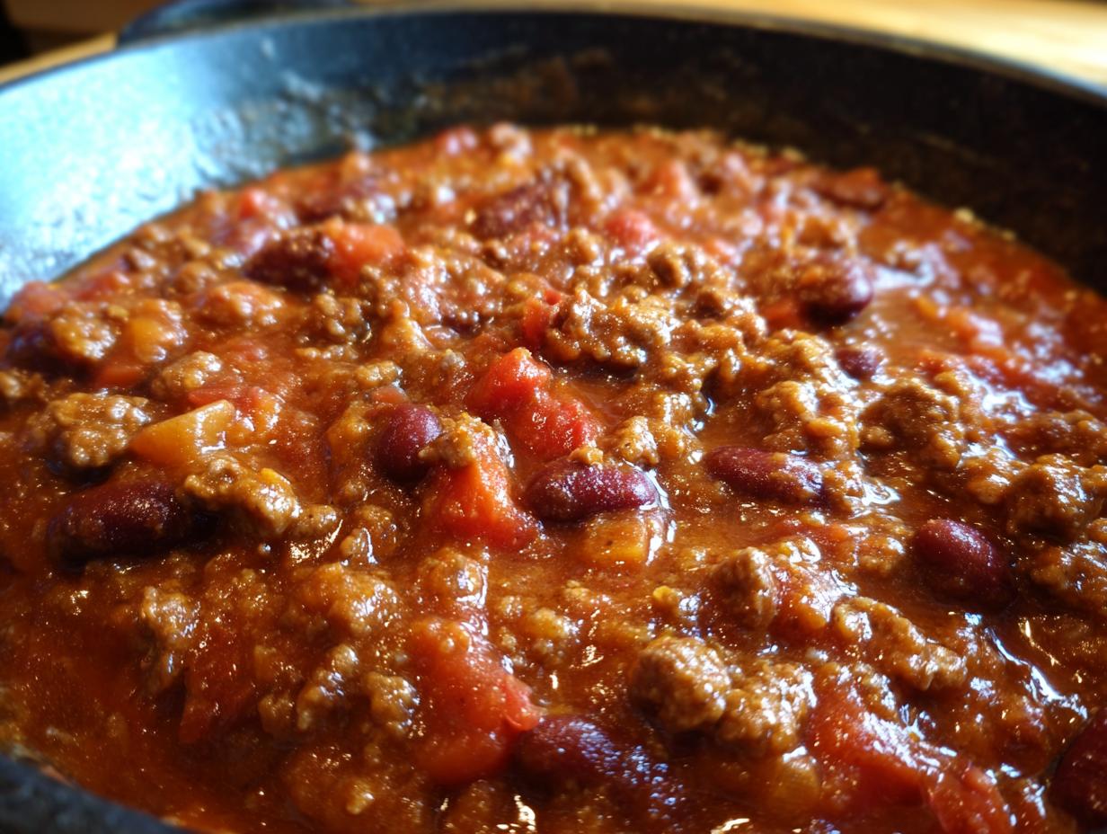 Close-up of a rich and hearty beef chili with kidney beans and tomatoes simmering in a cast iron skillet.