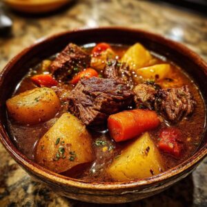 A close-up of a rustic bowl filled with tender chunks of beef stew, soft potatoes, and vibrant carrots in a rich broth.