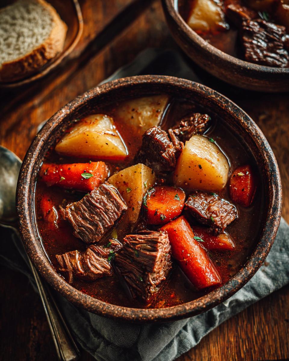 A close-up of a rustic bowl filled with tender beef stew, featuring chunks of beef, potatoes, and carrots in a rich broth.
