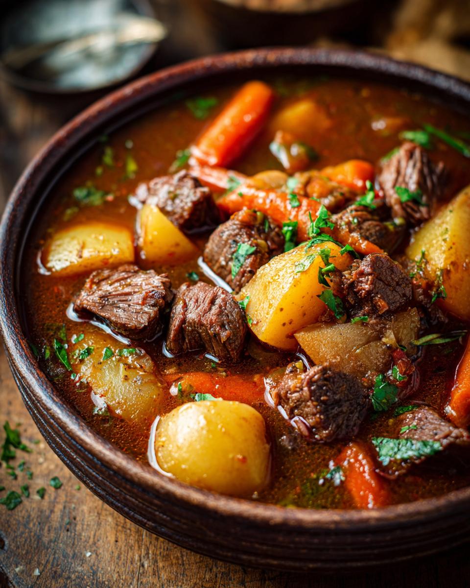 A close-up of a bowl of hearty beef stew, featuring tender chunks of beef, potatoes, and carrots in a rich broth, garnished with parsley.