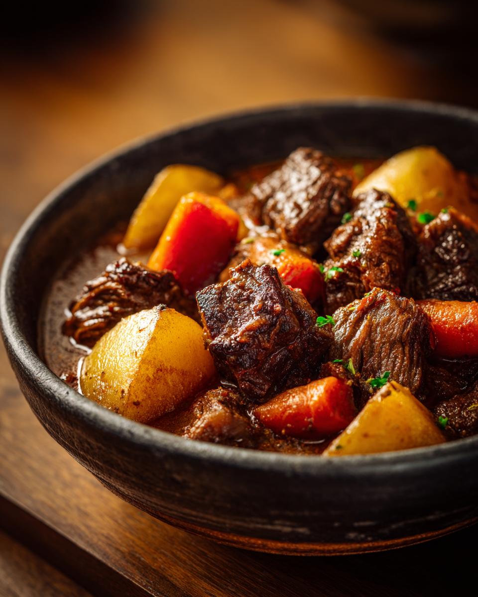 A close-up of a dark bowl filled with hearty beef stew, featuring tender chunks of beef, potatoes, and carrots.