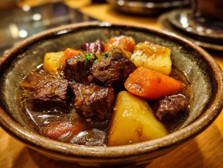 A close-up of a rustic bowl filled with tender beef stew, featuring chunks of beef, potatoes, and carrots in a rich gravy.