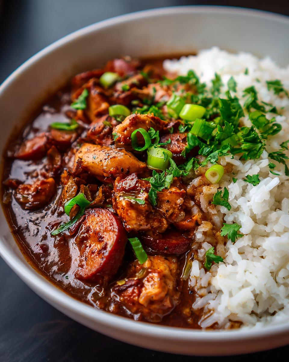 A close-up of a bowl of hearty chicken and sausage gumbo served over white rice, garnished with green onions and parsley.