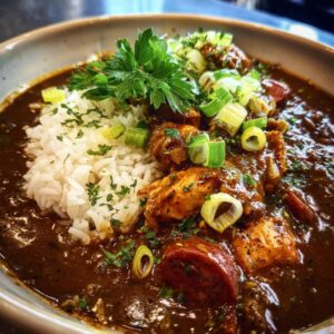 A close-up of a bowl of hearty gumbo featuring tender chicken, sliced sausage, and fluffy white rice, garnished with green onions and parsley.