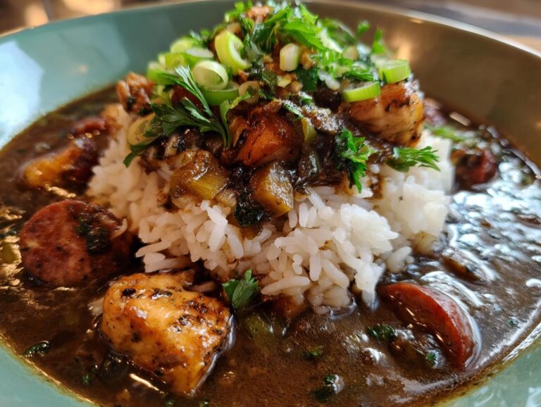 A close-up of a bowl of hearty gumbo featuring white rice, chicken pieces, sausage slices, and garnished with green onions and parsley.