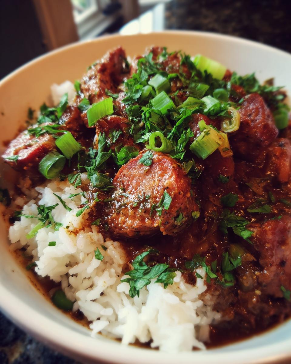 A close-up of a bowl of hearty gumbo with sausage and chicken served over fluffy white rice, garnished with fresh green onions and parsley.