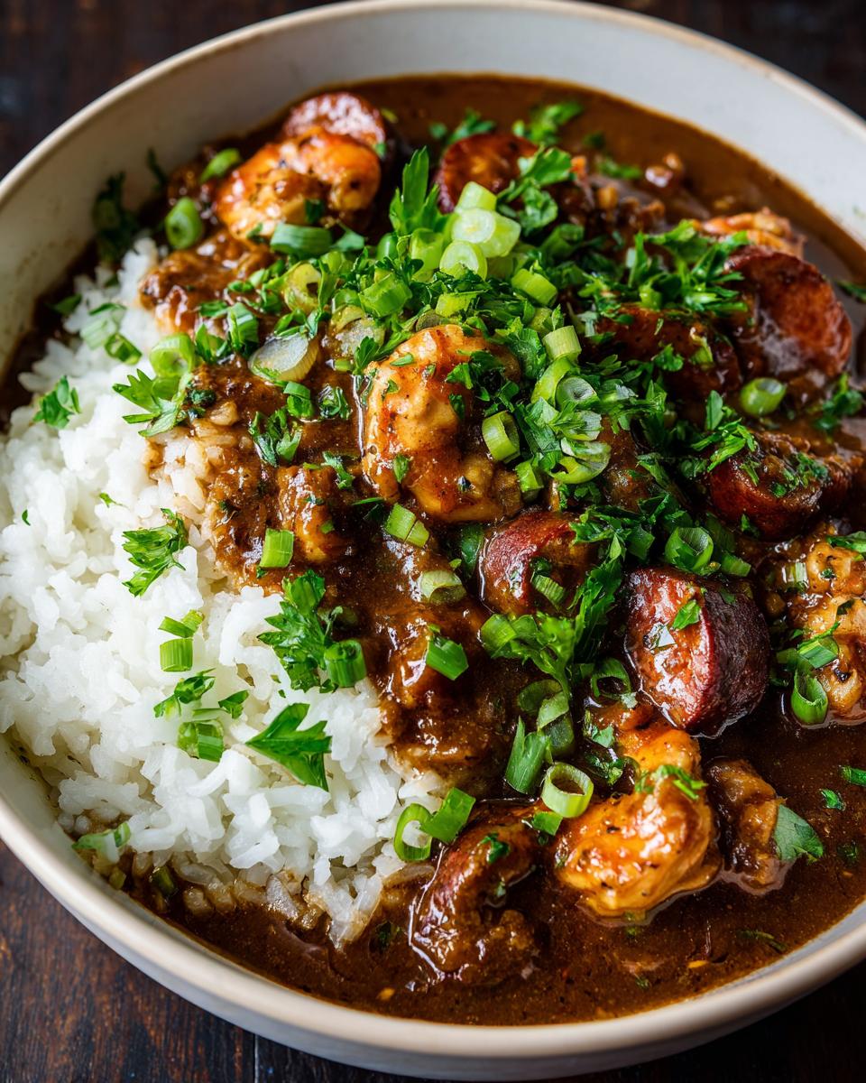 A close-up of a bowl of hearty gumbo, featuring white rice topped with succulent shrimp, sliced sausage, and fresh green onions.