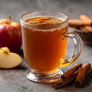 A glass mug of steaming homemade apple cider with cinnamon sticks and fresh apples.