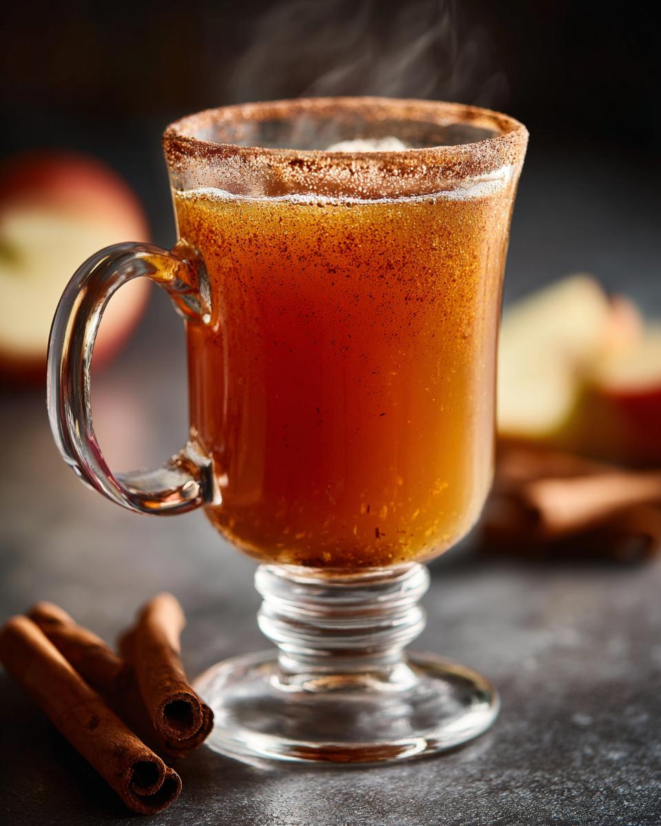 A glass mug of steaming homemade apple cider, rimmed with cinnamon sugar, with cinnamon sticks and apple slices in the background.