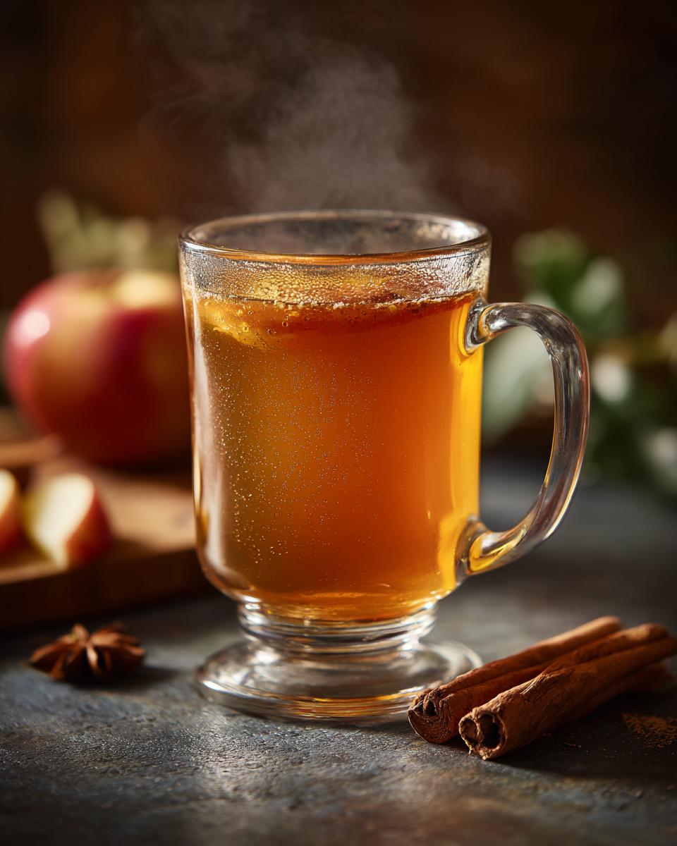A glass mug filled with steaming homemade apple cider, garnished with spices and apple slices.