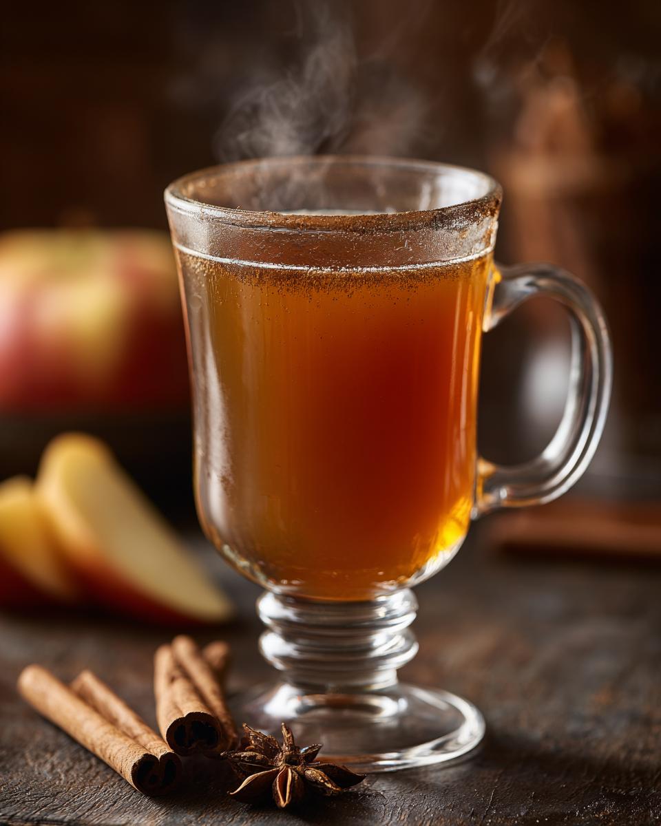 A glass mug of steaming homemade apple cider with cinnamon stick, star anise and apple slices.