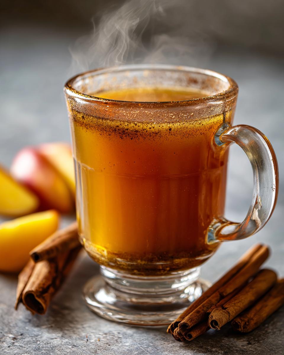 A glass mug filled with steaming homemade apple cider, garnished with cinnamon sticks and apple slices.