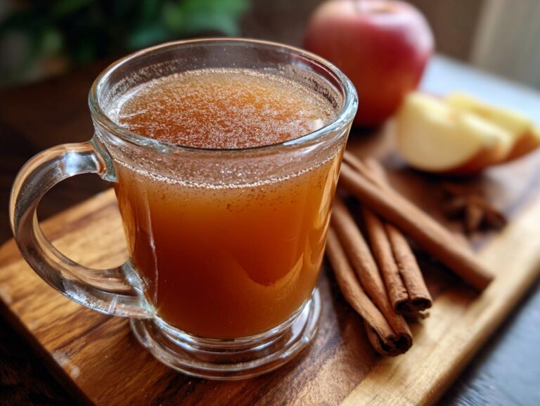 A glass mug filled with homemade apple cider, with apples and cinnamon sticks on a wooden board.