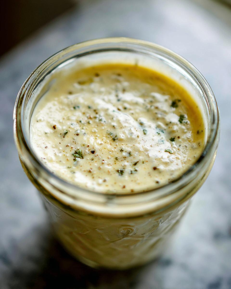Overhead view of a jar filled with creamy Homemade Caesar Dressing, speckled with herbs and spices.