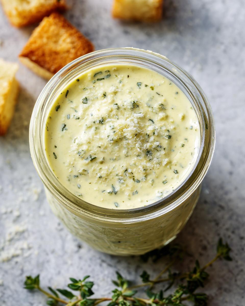 Overhead shot of a jar of Homemade Caesar Dressing, garnished with parmesan and herbs, with croutons nearby.