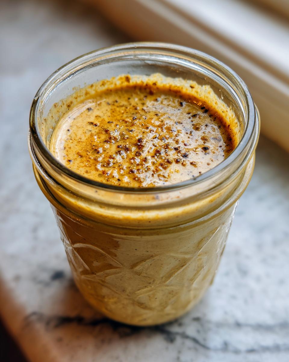 Close-up of creamy Homemade Caesar Dressing in a glass jar, showing texture and seasonings.