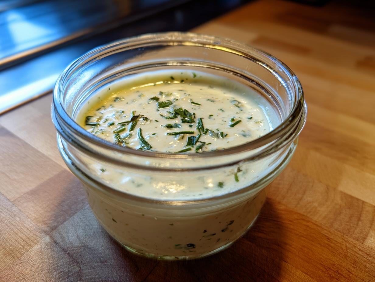 A jar of creamy Homemade Caesar Dressing with visible herbs, ready to dress your salad.