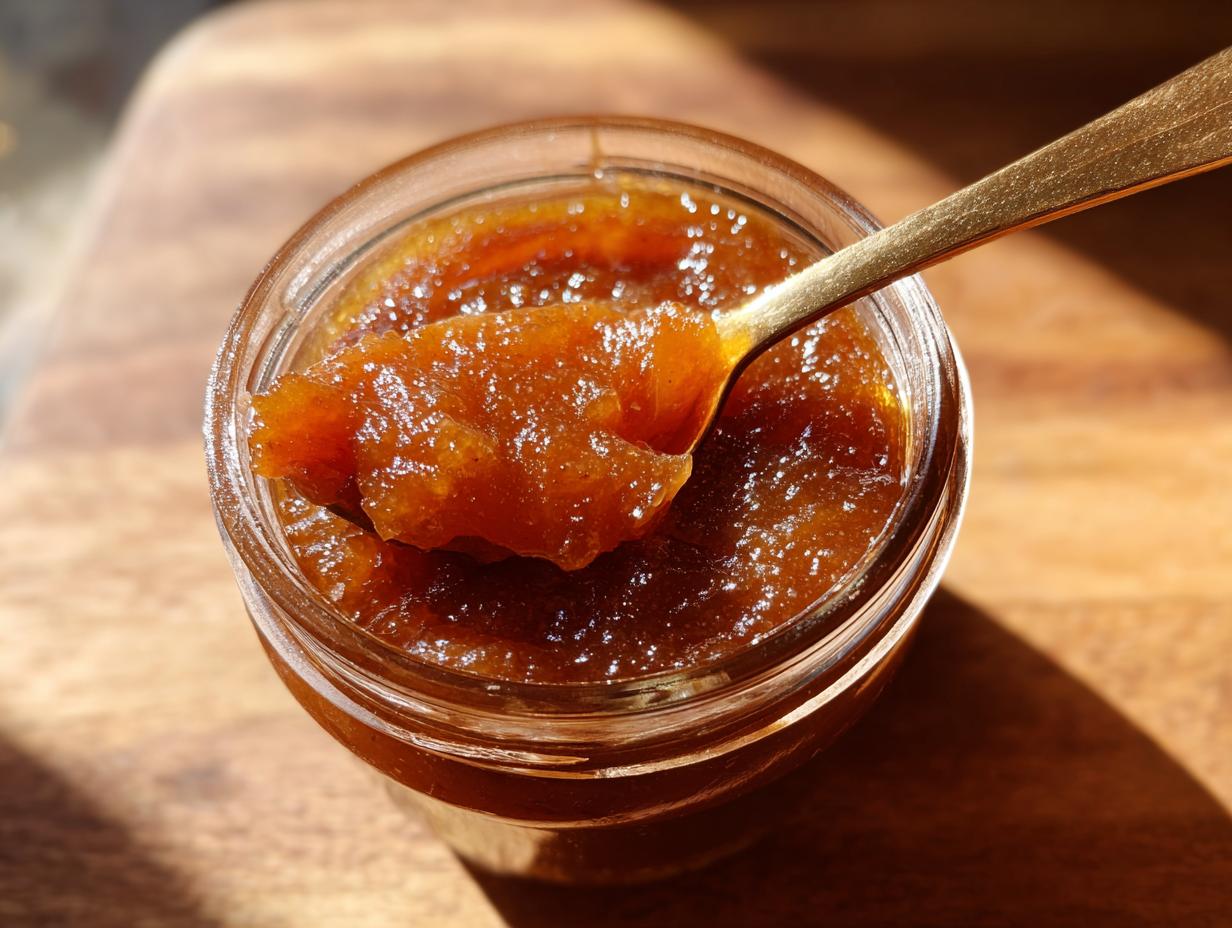 Close-up of a jar of homemade Pear Butter with a spoonful taken out, showing its texture and rich color.