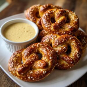 A plate of golden brown homemade soft pretzels with beer cheese dipping sauce.
