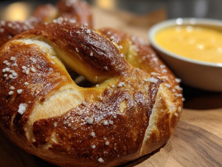 Close-up of a golden brown homemade soft pretzel sprinkled with salt, served with a bowl of beer cheese.
