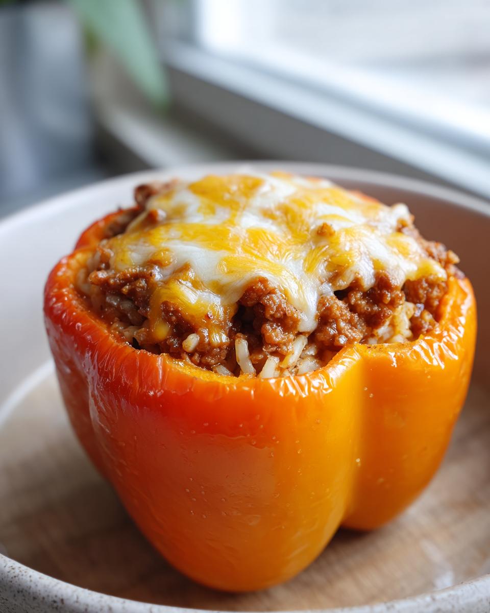 Close-up of a cheesy Jack-o'-lantern stuffed pepper filled with rice and meat.