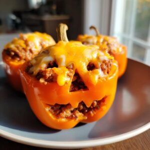 Three Jack-o'-lantern stuffed peppers on a plate, filled with meat and topped with melted cheese.