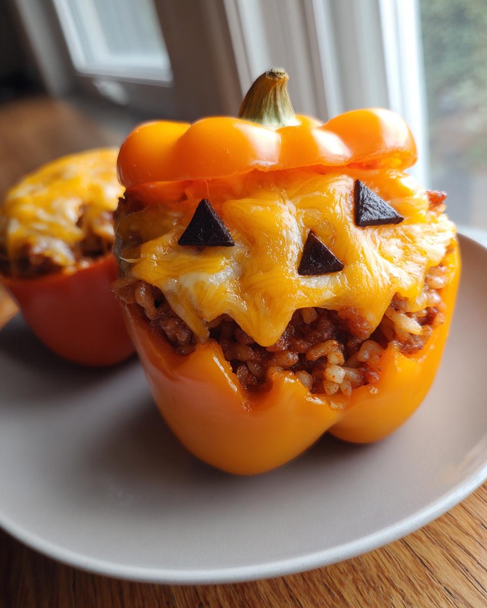 A festive Jack-o'-lantern stuffed peppers dish with melted cheese and black olive eyes on a plate.