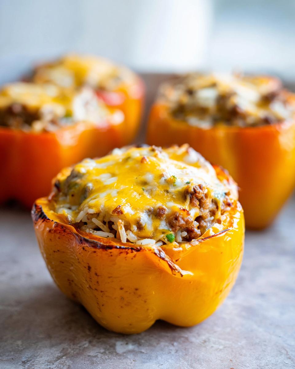 Three Jack-o'-lantern stuffed peppers, filled with rice, meat, and topped with melted cheese.