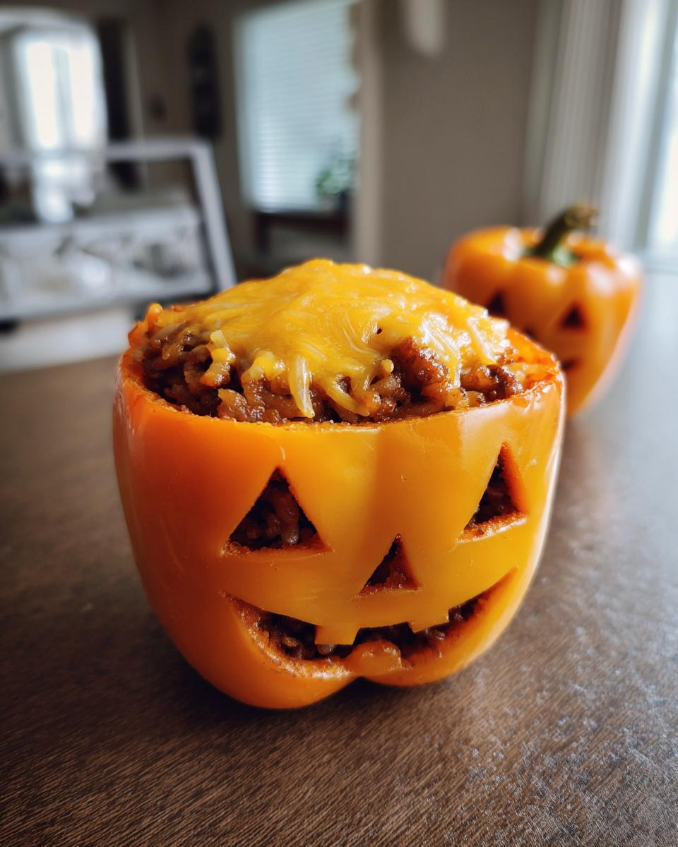 Two Jack-o'-lantern stuffed peppers, one in focus with melted cheese on top, sitting on a wooden table.