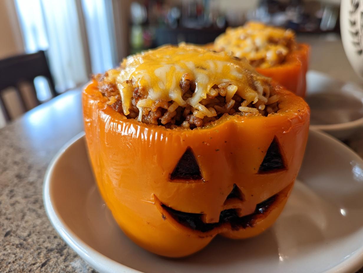 Close-up of a Jack-o'-lantern stuffed pepper with a carved face and cheesy filling on a plate.