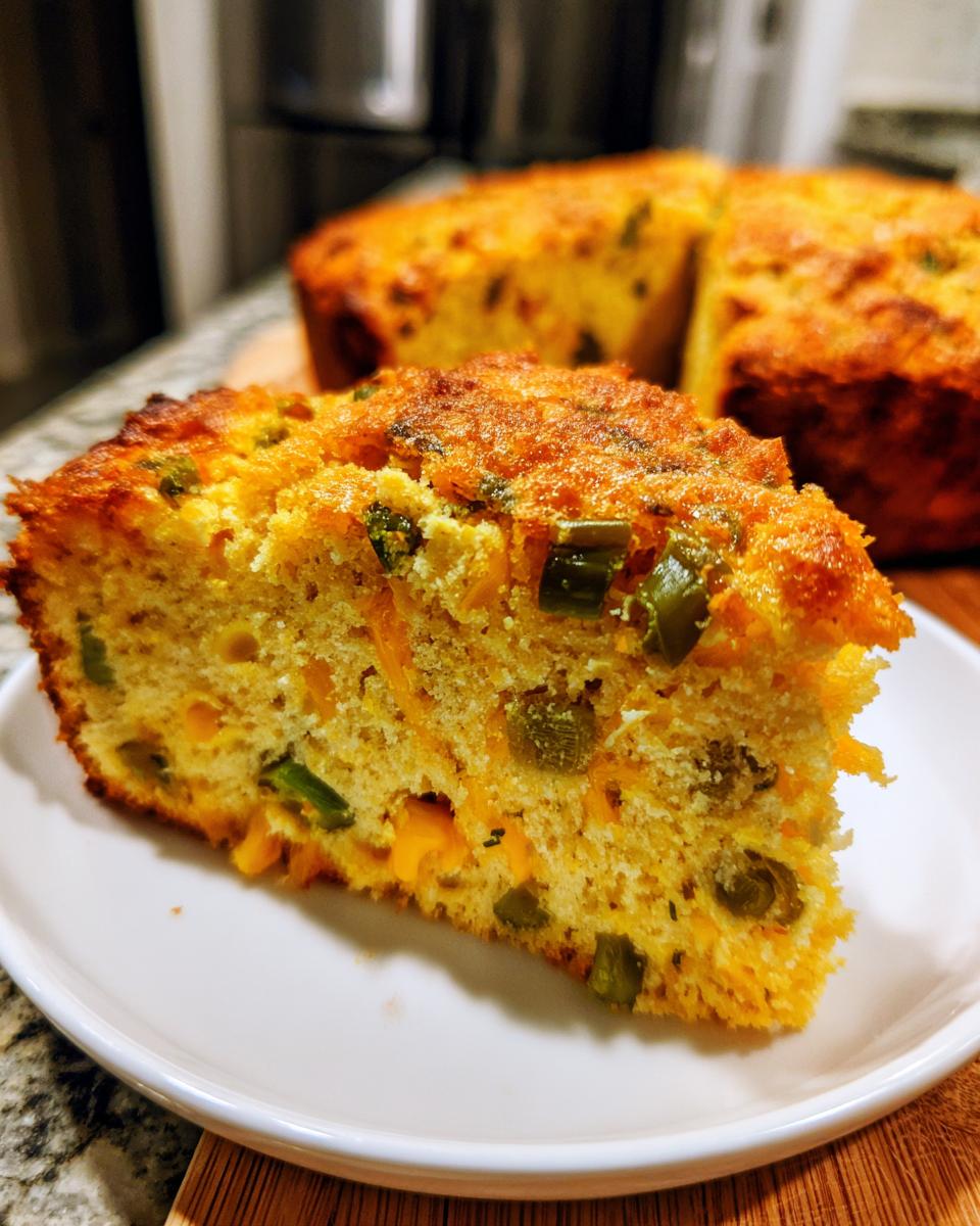 A slice of freshly baked jalapeño cheddar cornbread on a white plate, showing the texture and ingredients.