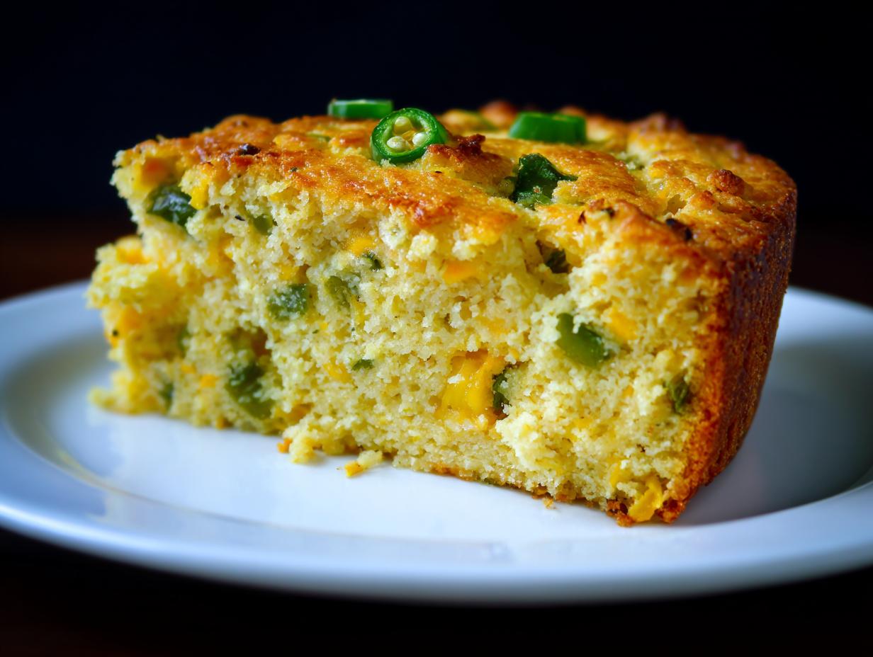 A slice of jalapeño cheddar cornbread on a white plate, showing visible jalapeños and cheddar cheese.
