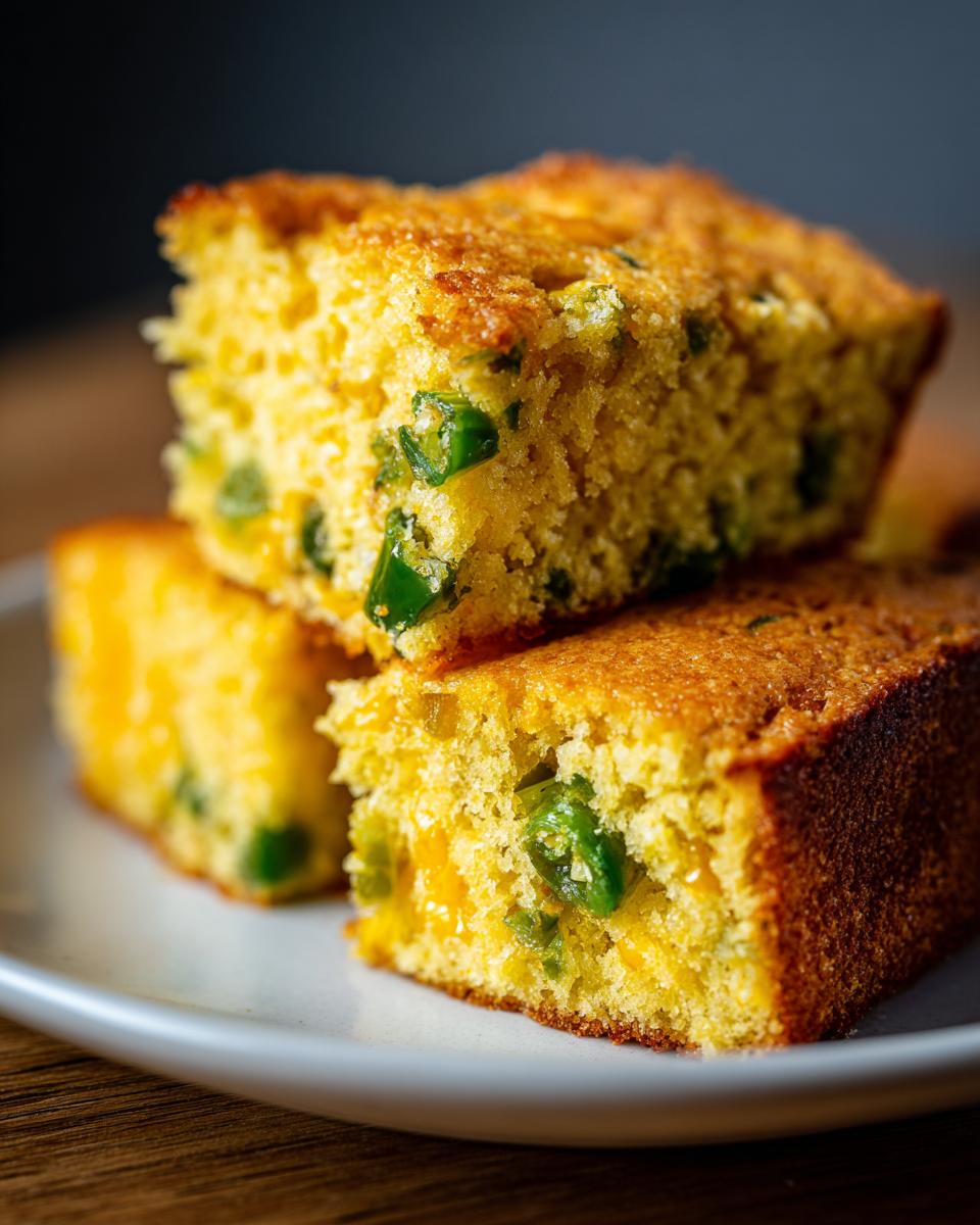 A stack of delicious Jalapeño cheddar cornbread slices, showcasing the melted cheddar and fresh jalapeños.