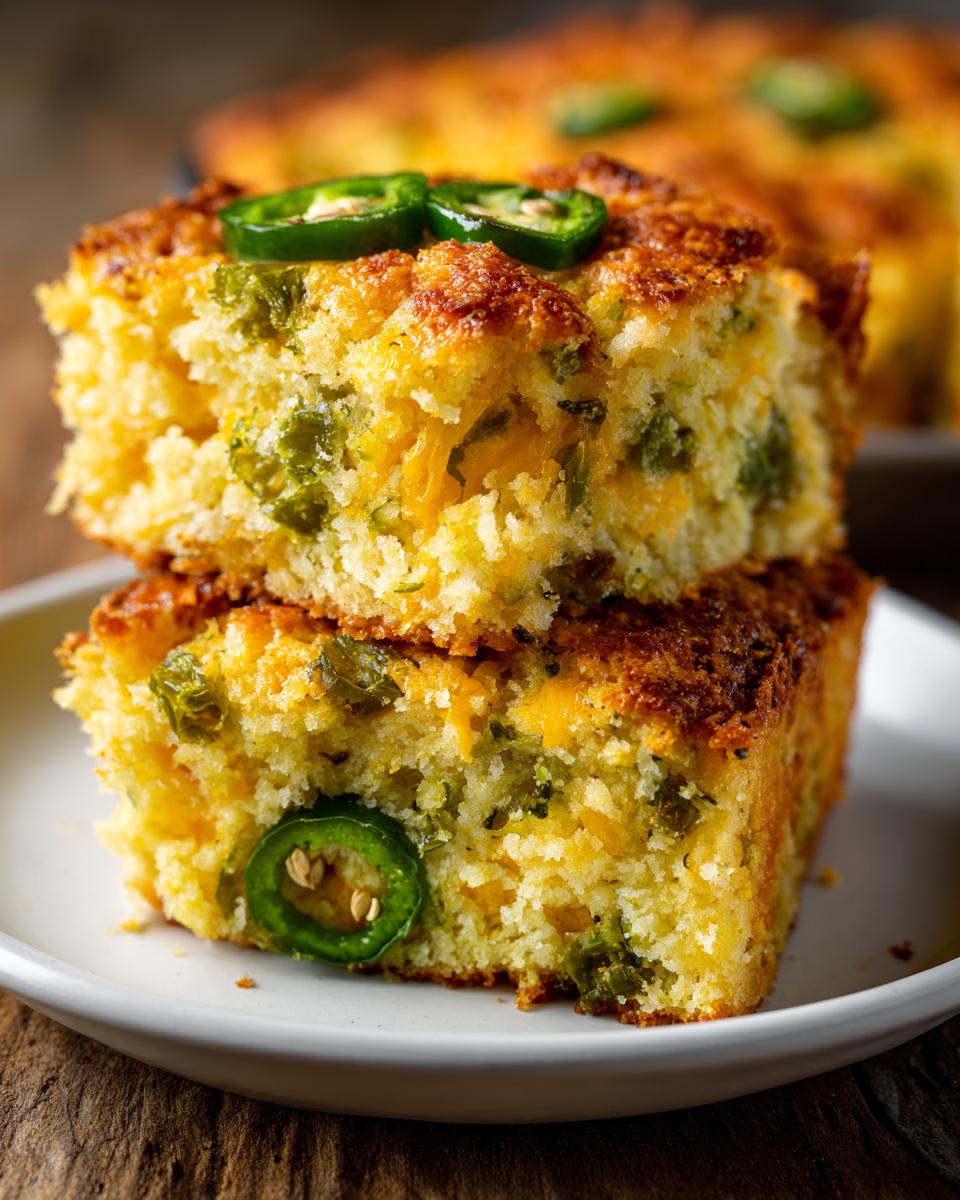 Two stacked slices of jalapeño cheddar cornbread on a white plate, garnished with jalapeño slices.