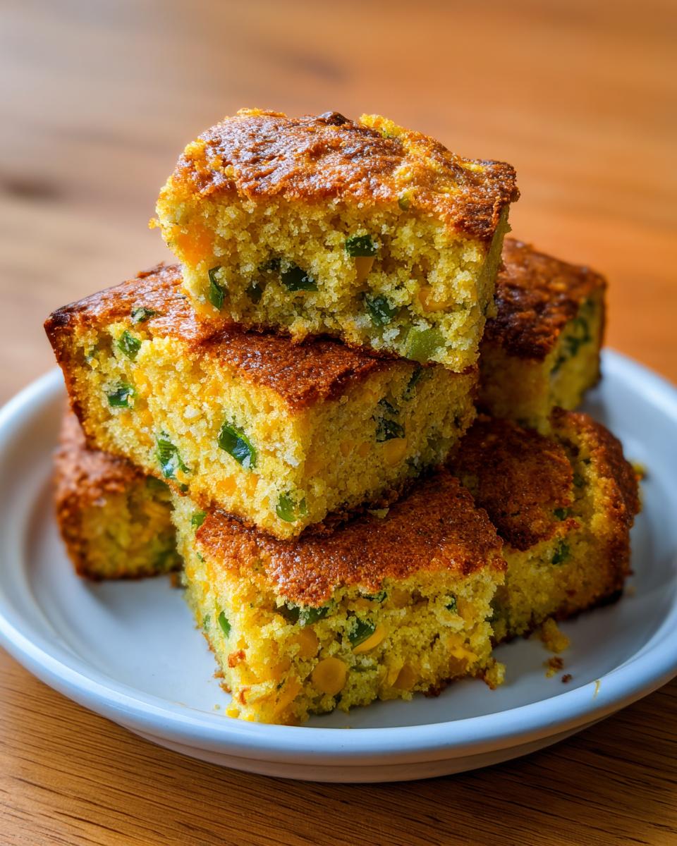 A stack of freshly baked jalapeño cheddar cornbread squares on a white plate, showcasing the texture and ingredients.
