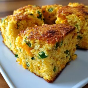 Close-up of jalapeño cheddar cornbread squares on a white plate, showcasing the texture and ingredients.