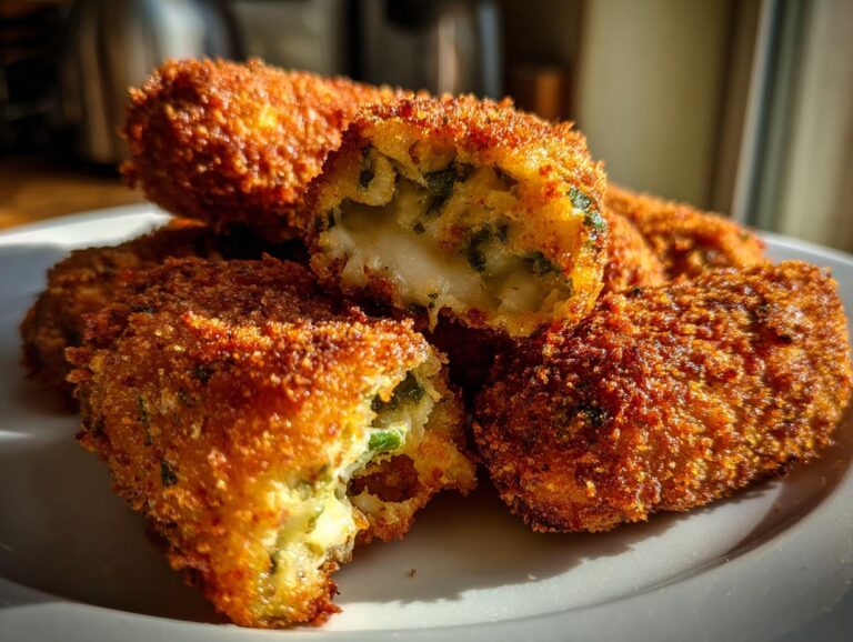 Close-up of golden-brown, crispy jalapeño poppers on a white plate, one is broken open revealing melted cheese and green filling.
