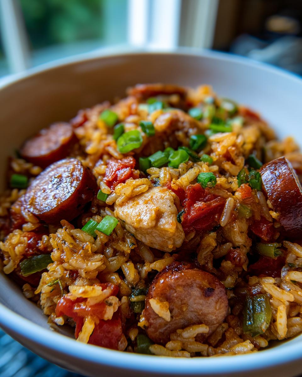 A close-up bowl of hearty Jambalaya featuring rice, sausage, chicken, tomatoes, and green onions.