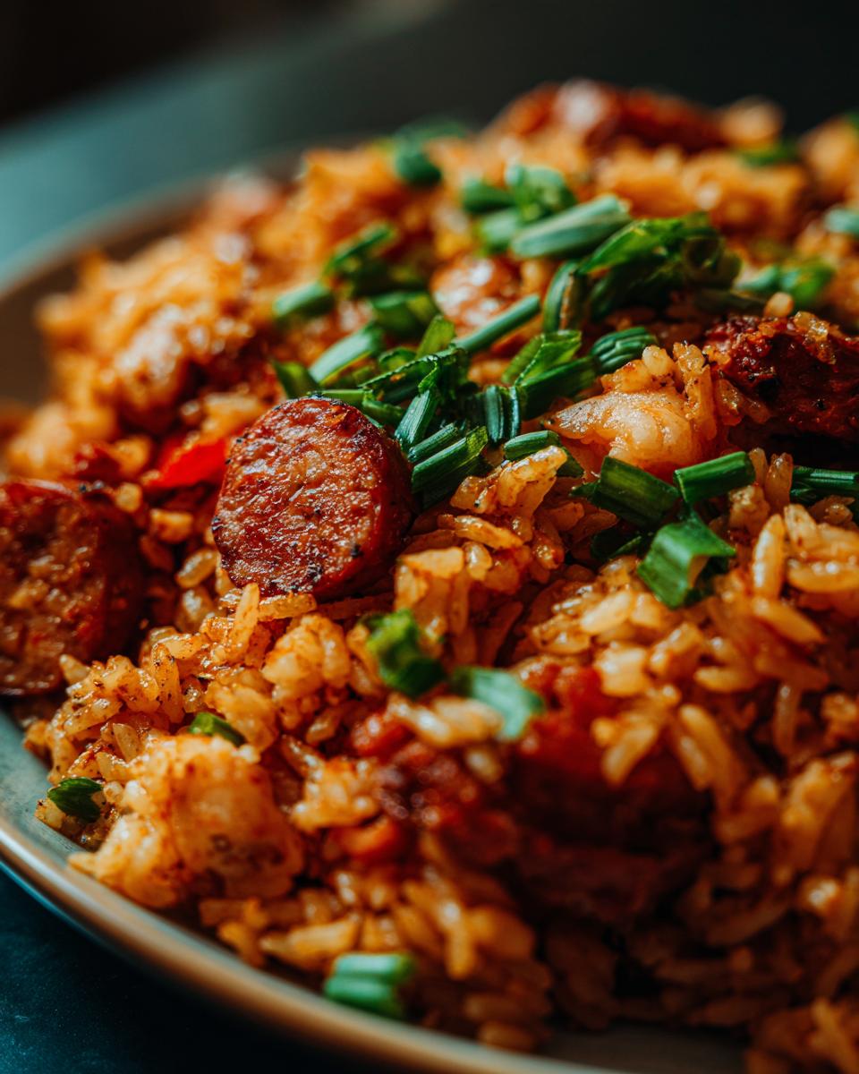 Close-up of a bowl of flavorful Jambalaya, featuring rice, sausage slices, and chopped green onions.