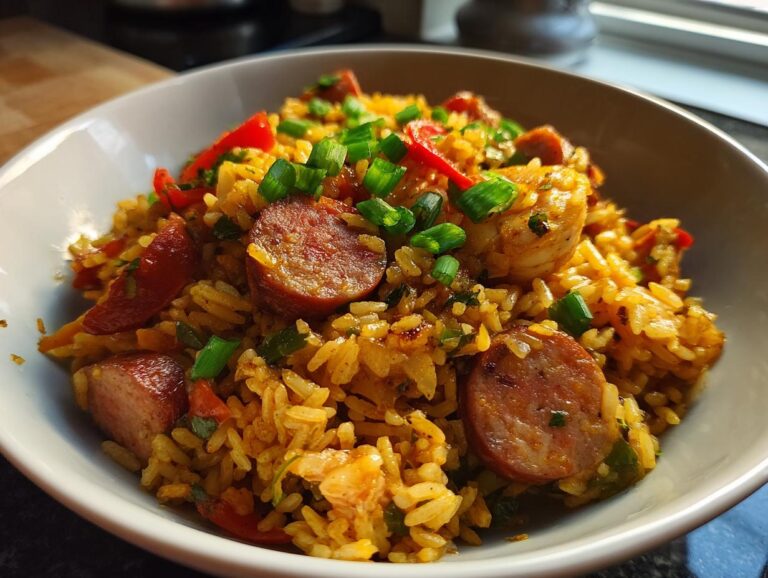 A close-up of a bowl of flavorful Jambalaya, featuring rice, sausage, shrimp, and green onions.