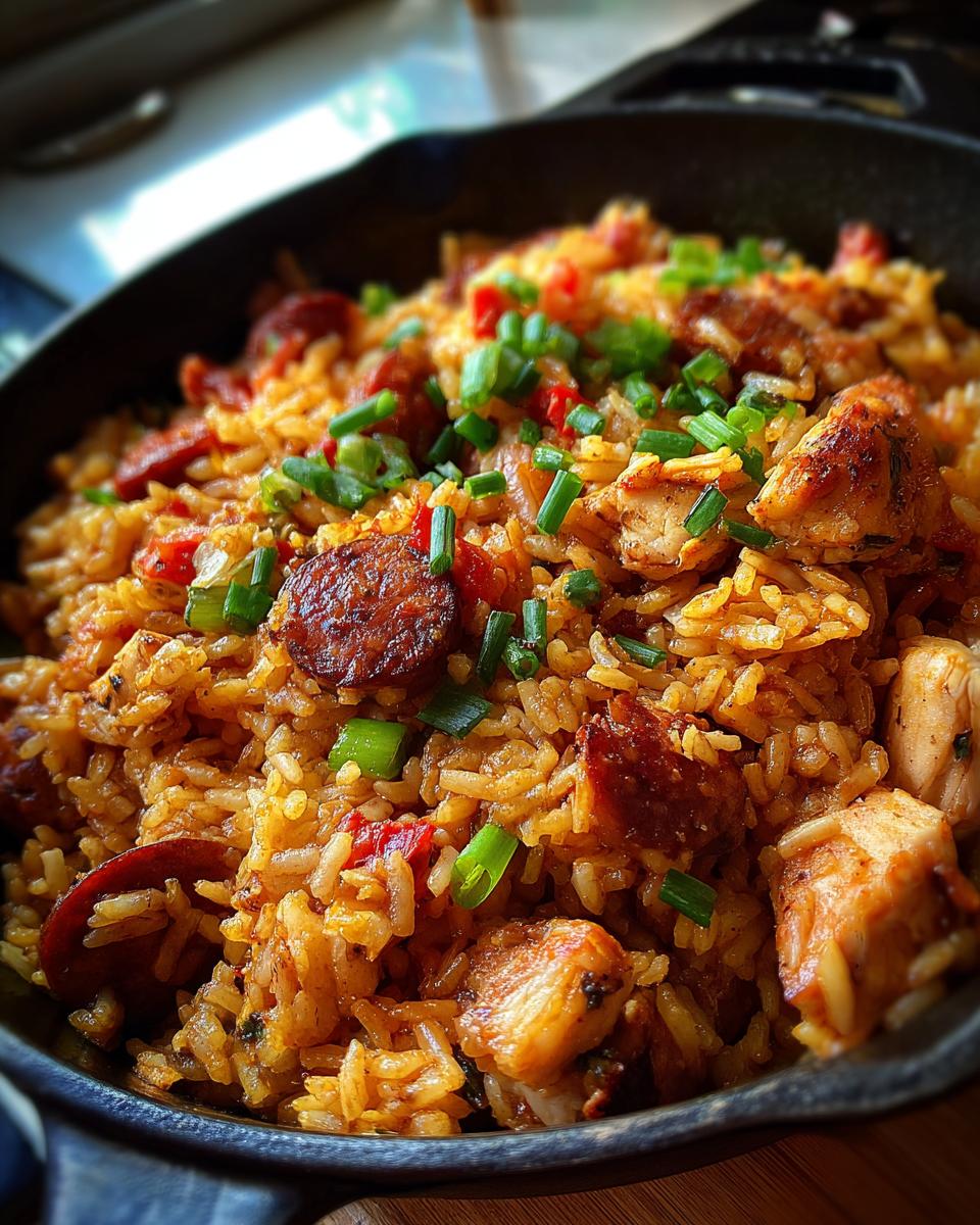 Close-up of a cast iron skillet filled with flavorful Jambalaya, featuring rice, chicken, sausage, and green onions.