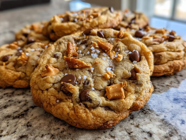 A tempting stack of kitchen sink cookies loaded with chocolate chips, pretzels, toffee, and sea salt.