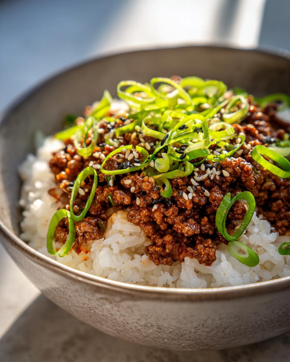 A close-up of a Korean Beef Bowl, featuring seasoned ground beef over white rice, topped with fresh green onions and sesame seeds.