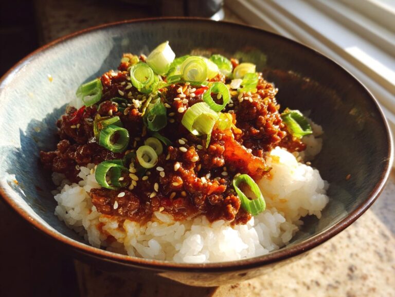 Close-up of a bowl of Korean Beef Bowls topped with chopped scallions and sesame seeds.