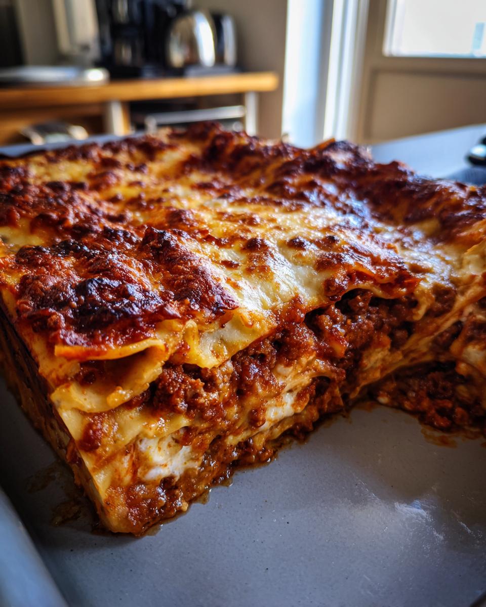 Close-up of a freshly baked lasagna with layers of pasta, rich meat sauce, and melted cheese.