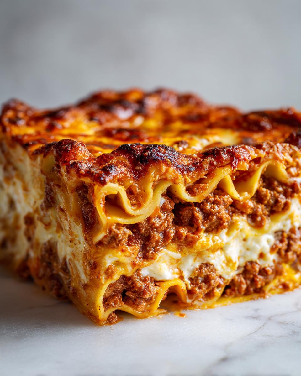 Close-up of a perfectly baked slice of lasagna, showing layers of pasta, rich meat sauce, and creamy cheese.