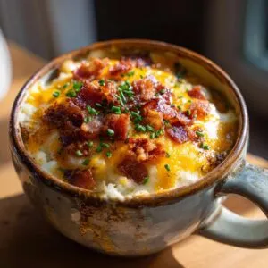 A bowl of Loaded Baked Potato Soup topped with cheese, bacon bits, and chives.