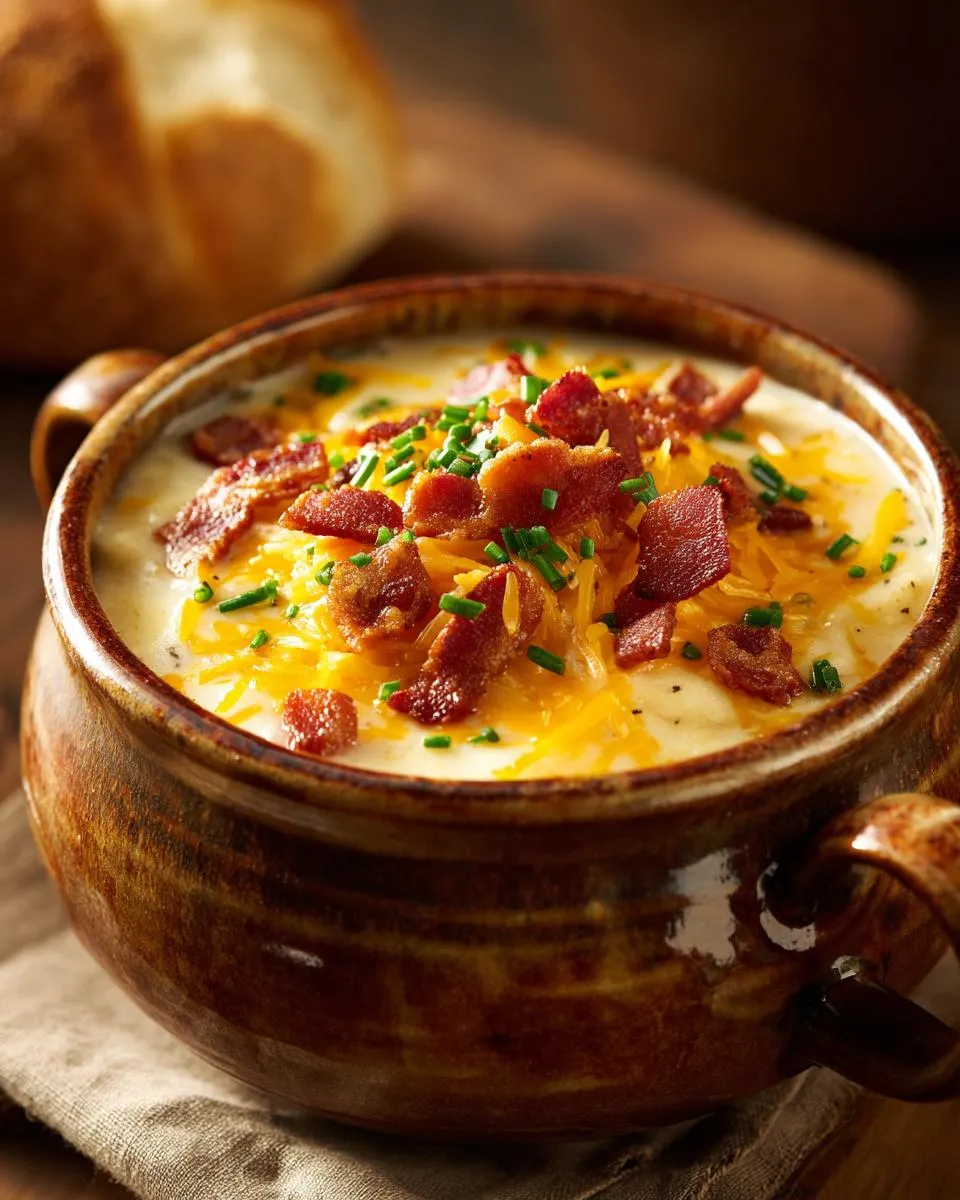 A bowl of creamy Loaded Baked Potato Soup topped with bacon, cheese, and chives.